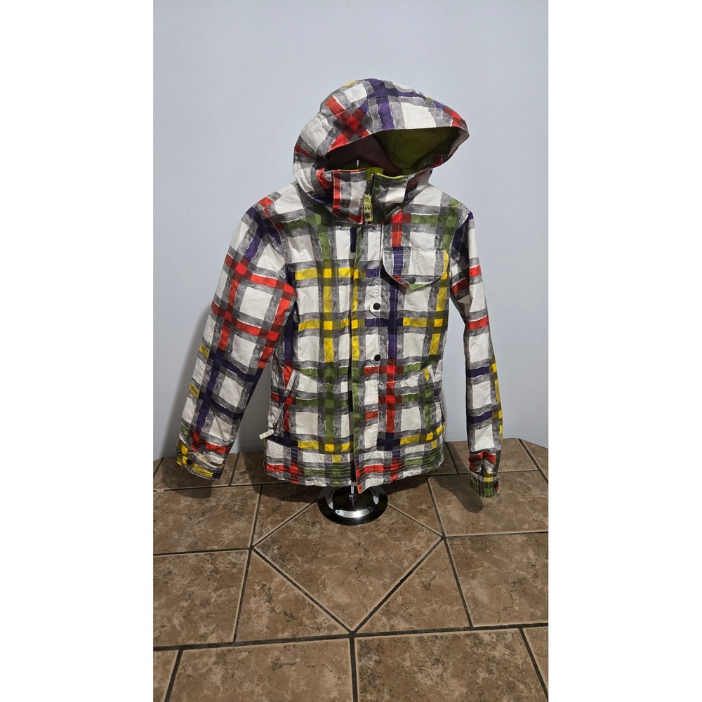 Burton Dryride Cool Flavors Snowboard Jacket Mens Small Plaid Multi-Color Hooded